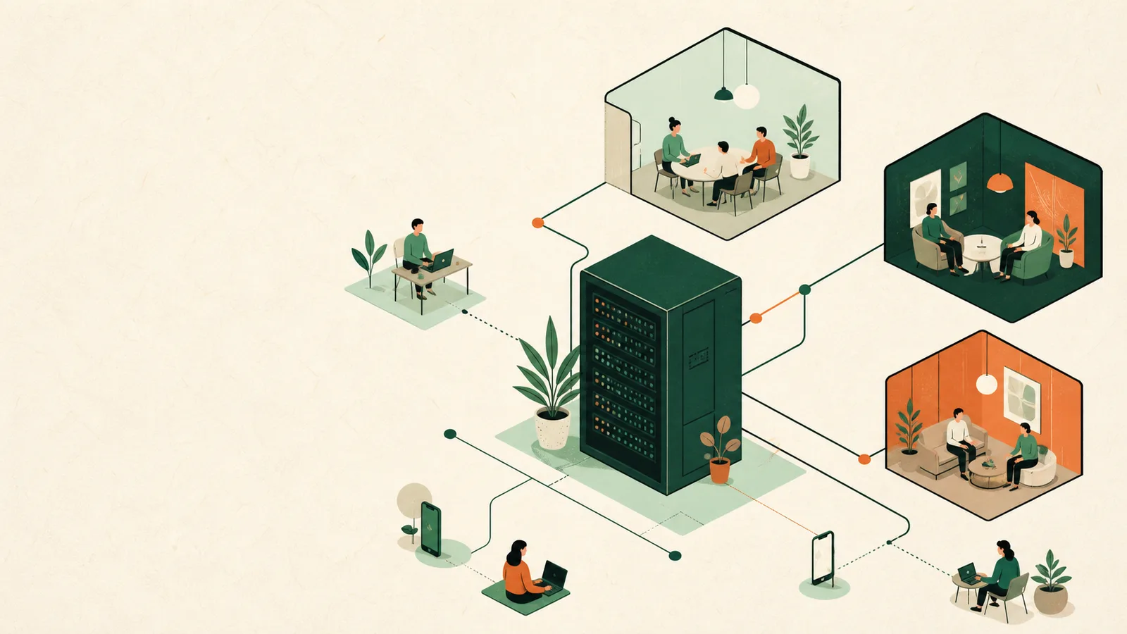 A customer-owned server connecting invited team members and clients to three separate conversation rooms.